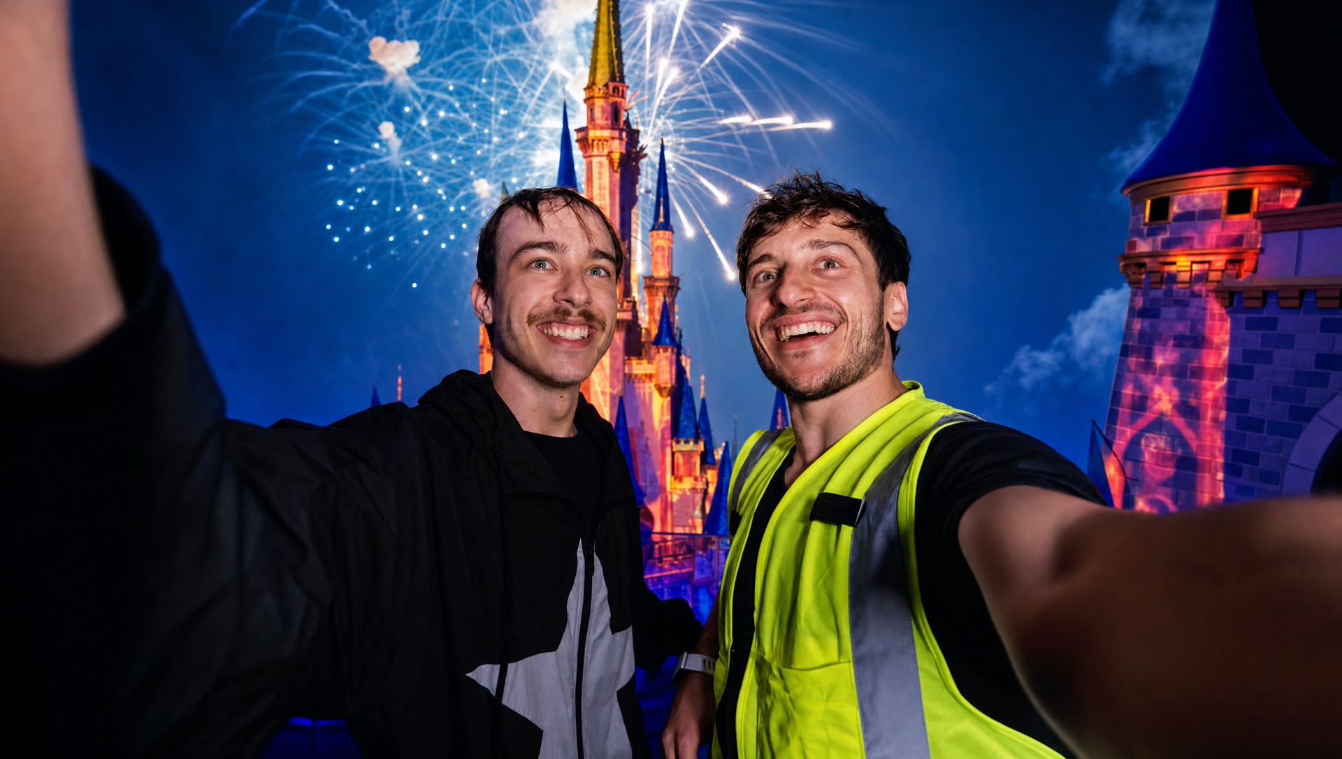FrenchieFries and a friend grinning in front of the fireworks finale